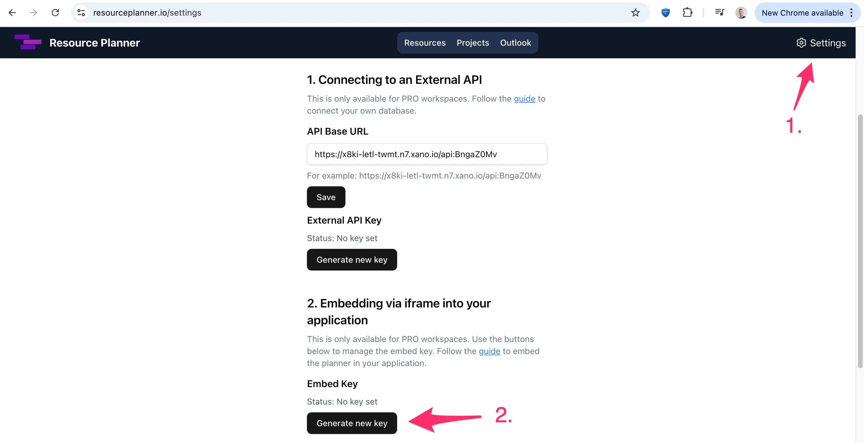 Generate API Key in ResourcePlanner workspace settings