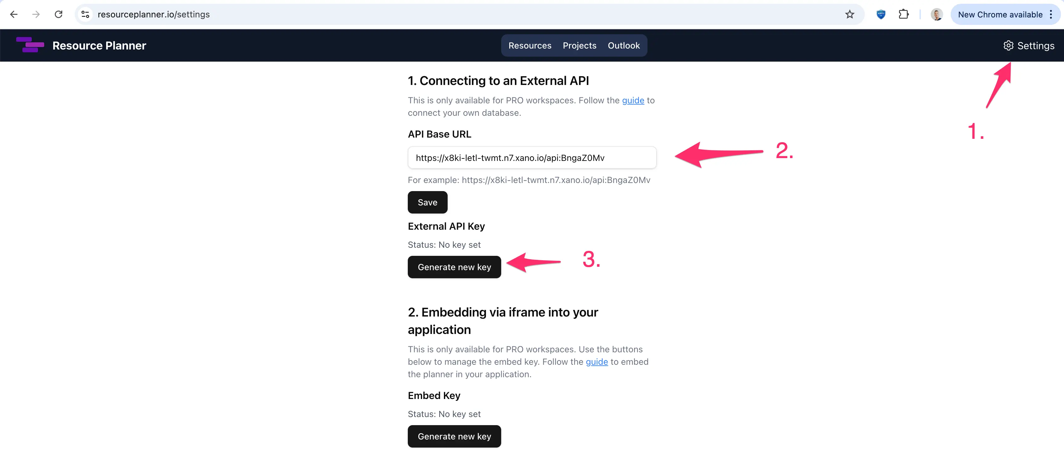Generate API Key in ResourcePlanner workspace settings