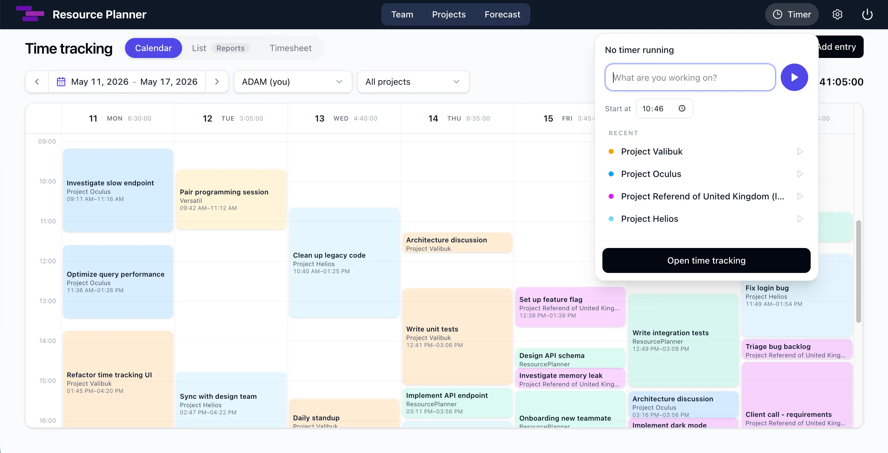 Resource Planner weekly time-tracking calendar with the timer, start-time control and recent project shortcuts