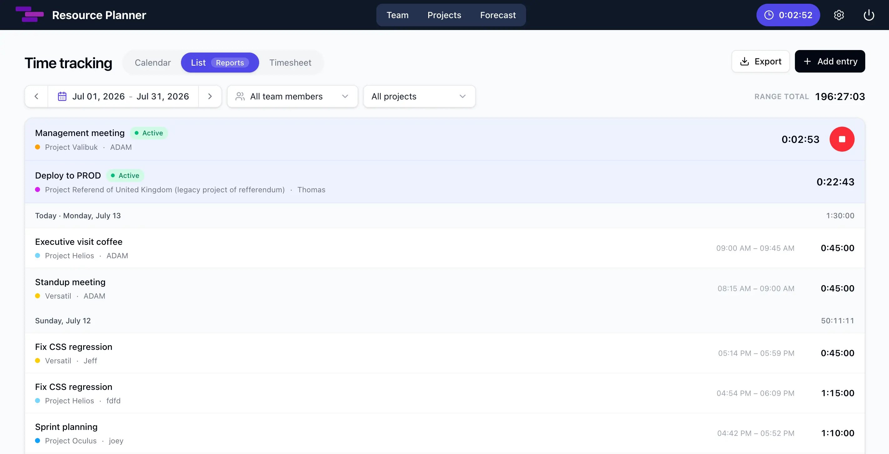 Resource Planner List report showing active timers, team members, projects and live elapsed durations above completed entries