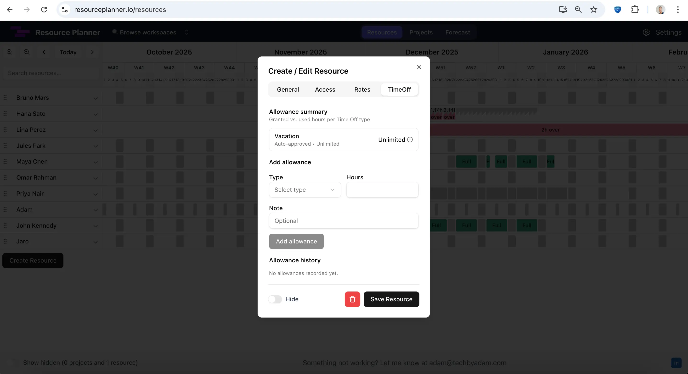 Vacation allowance view